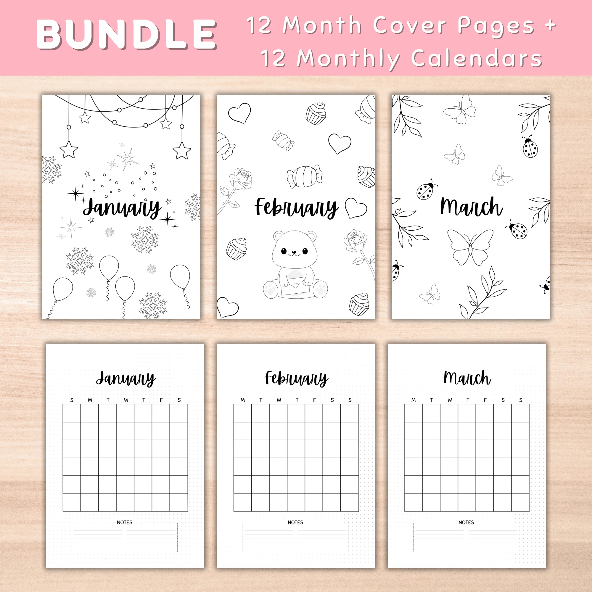 Bundle 12 months Cover Pages and 12 Monthly Calendar